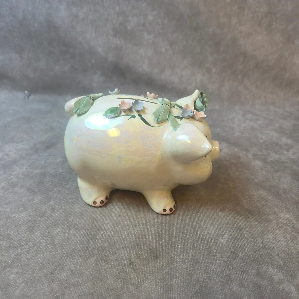 Vintage Iridesct. Ceramic Piggy Bank 3D Flowers Ribbon Lusterware Rhinestone Eye